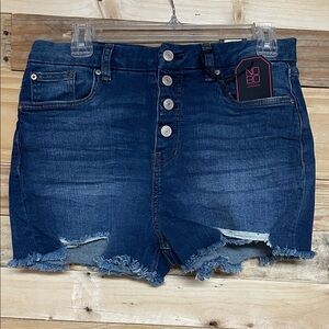 No Boundaries size 13 Dark Blue Jean Shorts with Frayed Hem and Button Fly